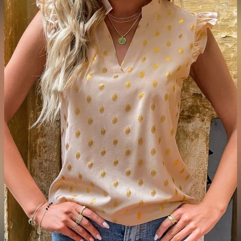 Golden Dot Print Ruffle Sleeve Blouse